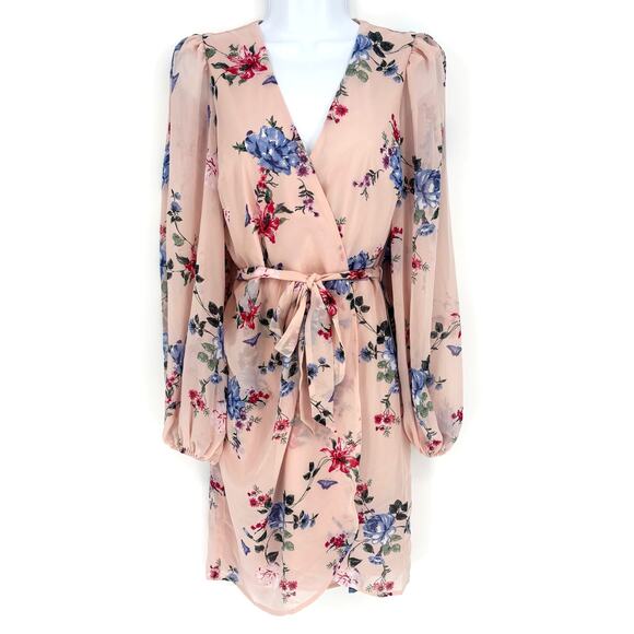 Express NWT Blush Pink Floral Butterfly Chiffon Tie Waist Faux Wrap Dress Size S - Picture 2 of 9